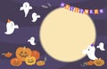 Flat illustration with moon, bats, Halloween Garland, pumpkins and ghosts